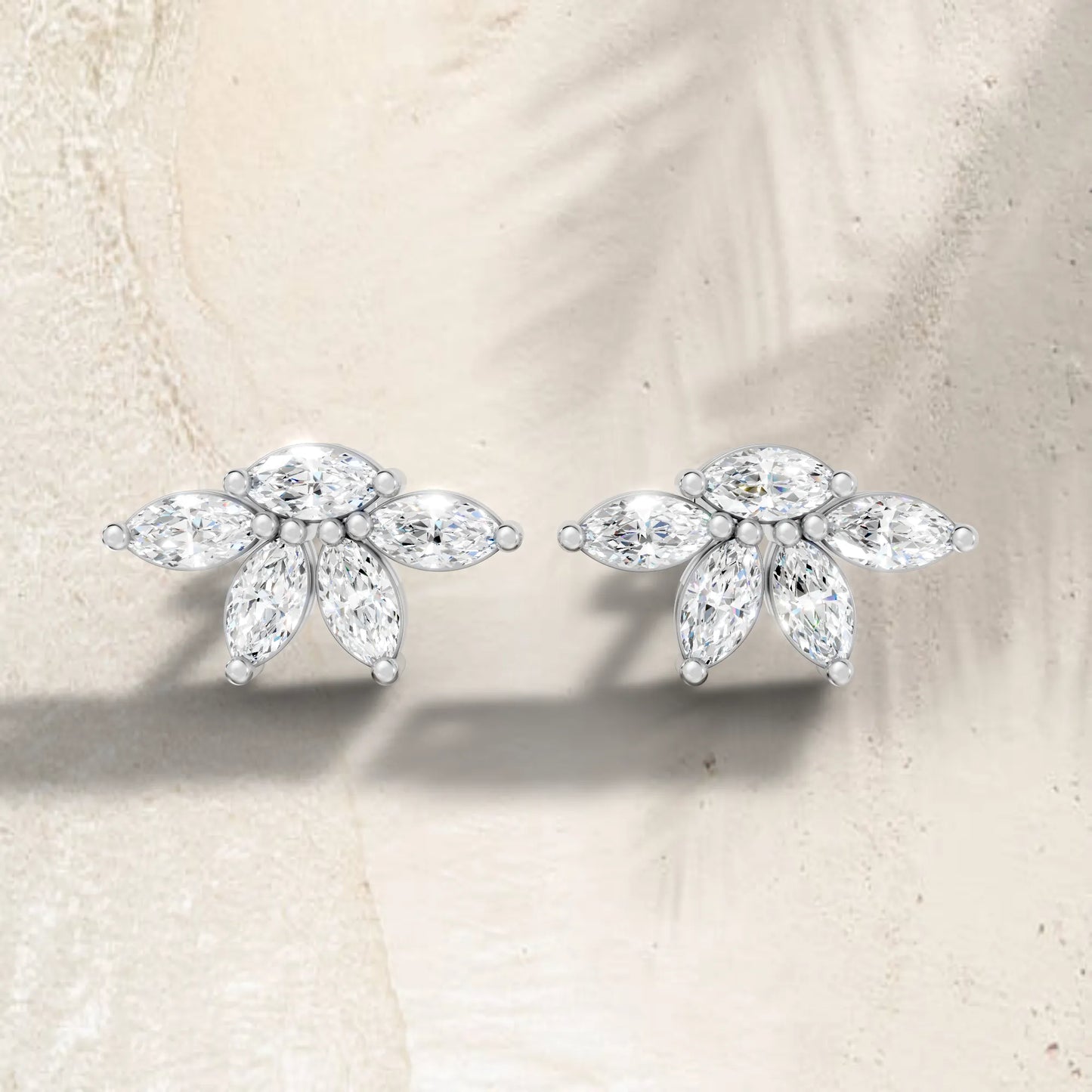 14K Marquise Cut Diamond Leaf Cluster Minimalist Stud Earring