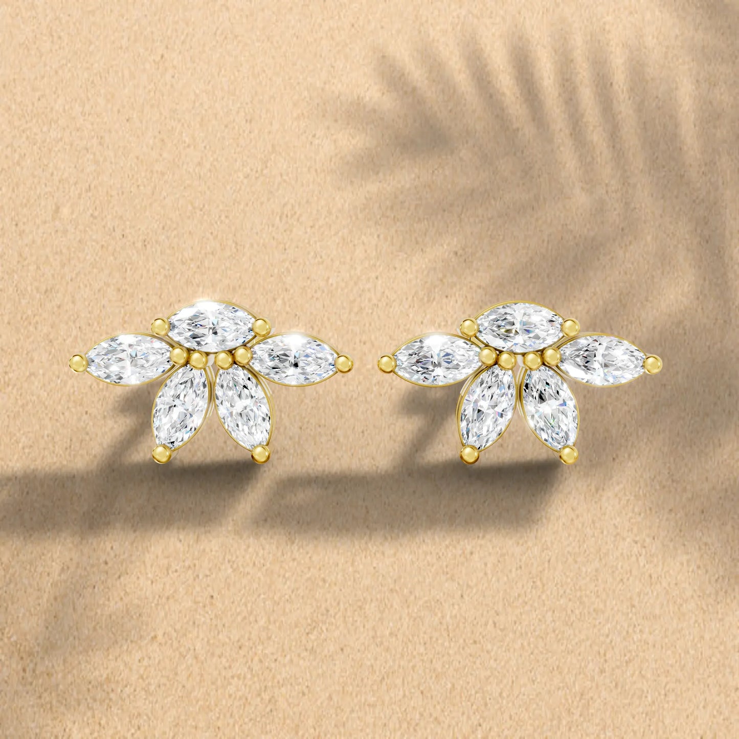 14K Marquise Cut Diamond Leaf Cluster Minimalist Stud Earring