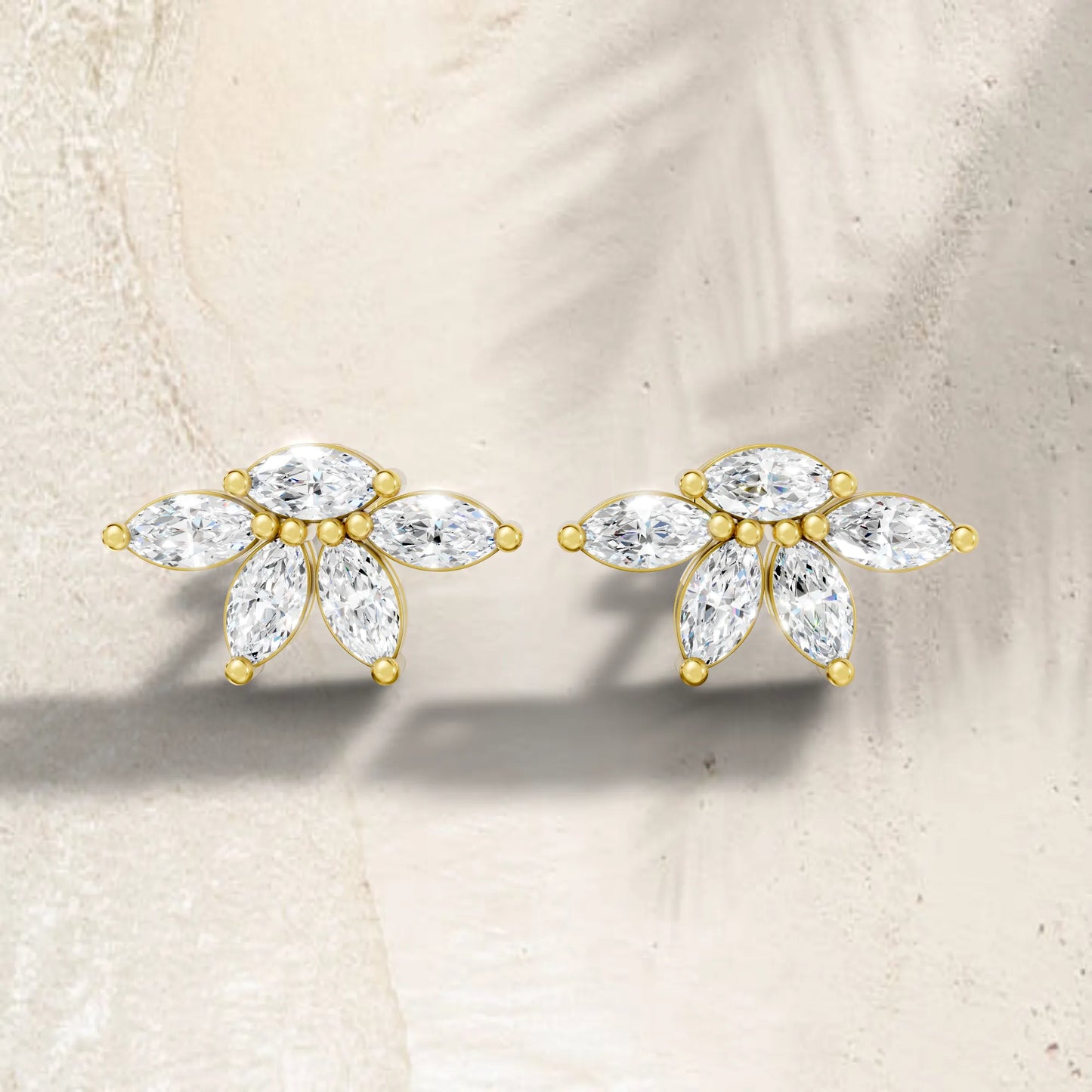 14K Marquise Cut Diamond Leaf Cluster Minimalist Stud Earring
