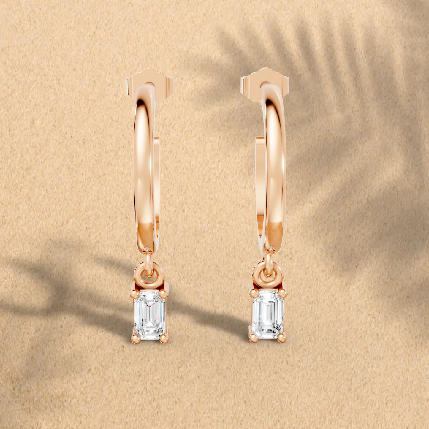 14K Gold Emerald Cut Diamond Drop Hoops Earring