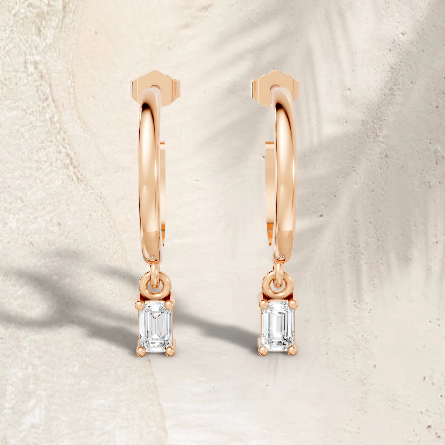 14K Gold Emerald Cut Diamond Drop Hoops Earring