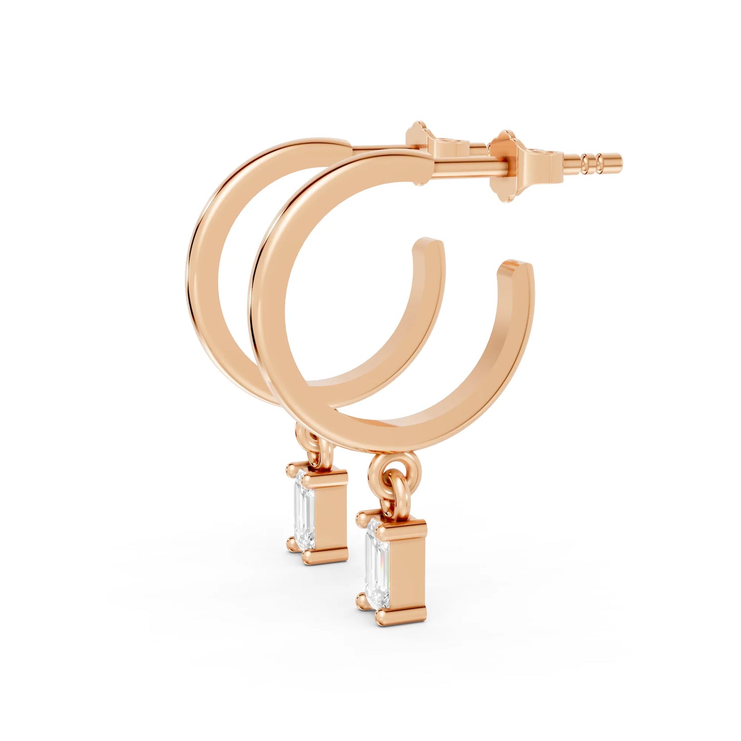 14K Gold Emerald Cut Diamond Drop Hoops Earring