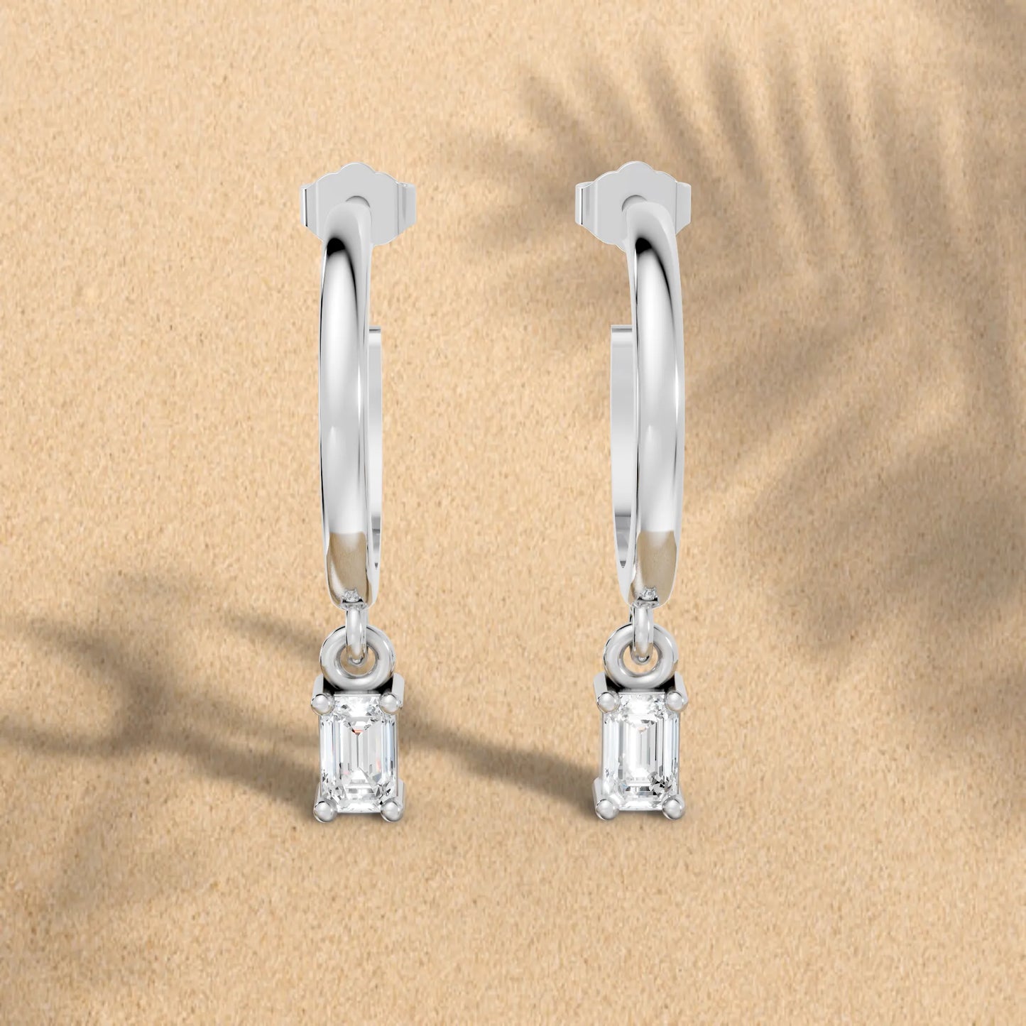 14K Gold Emerald Cut Diamond Drop Hoops Earring