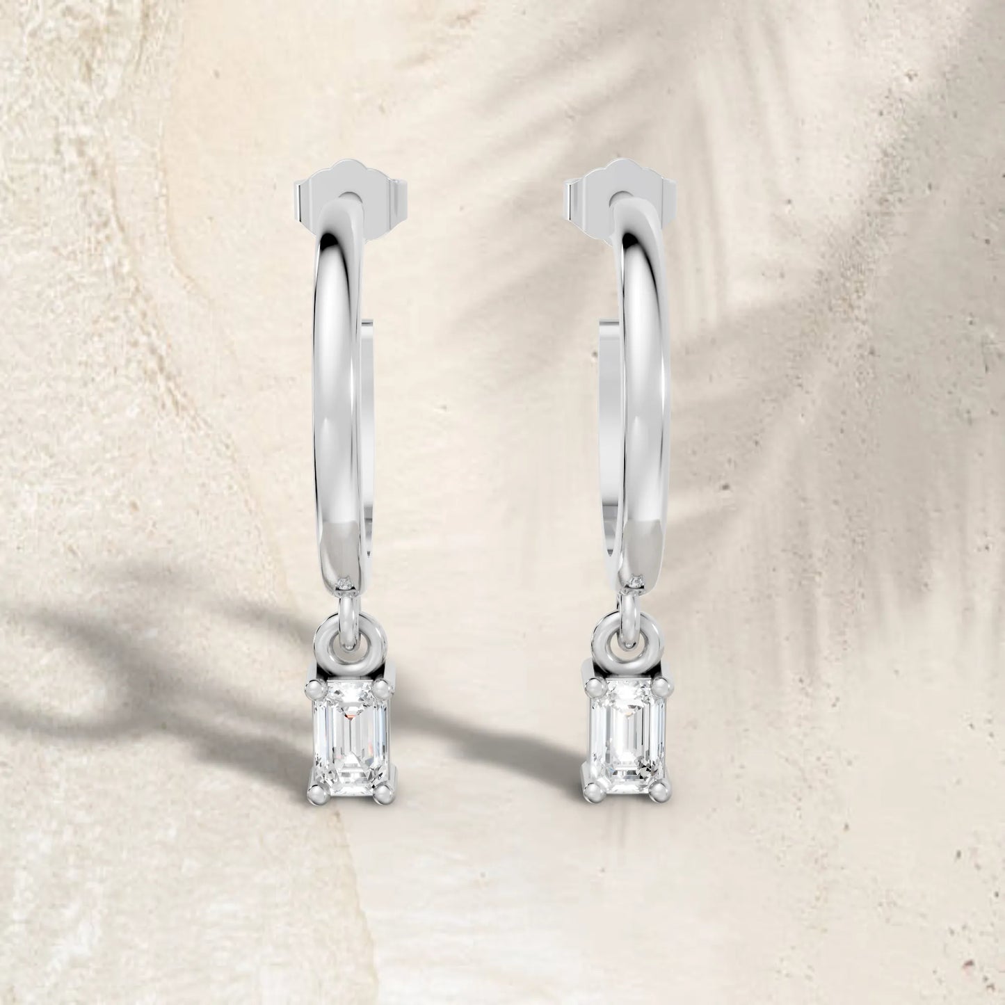 14K Gold Emerald Cut Diamond Drop Hoops Earring