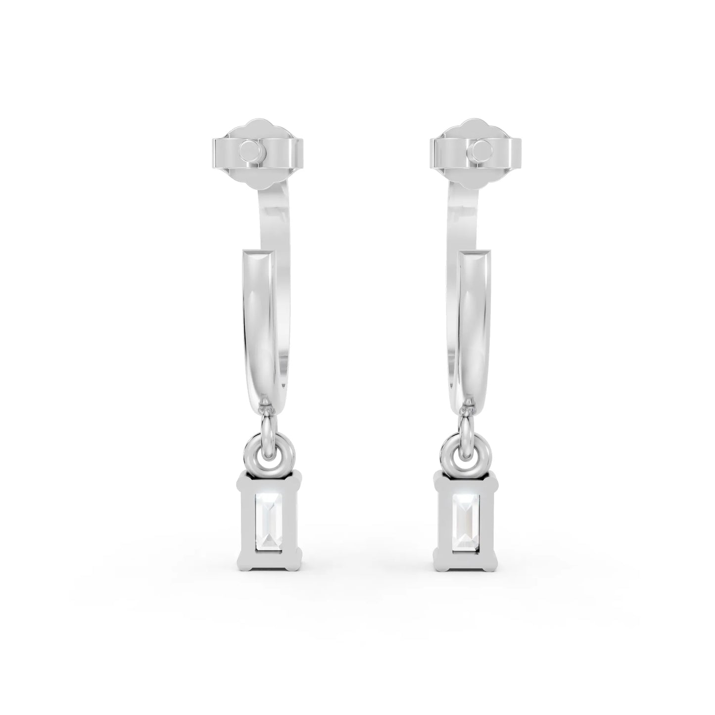 14K Gold Emerald Cut Diamond Drop Hoops Earring