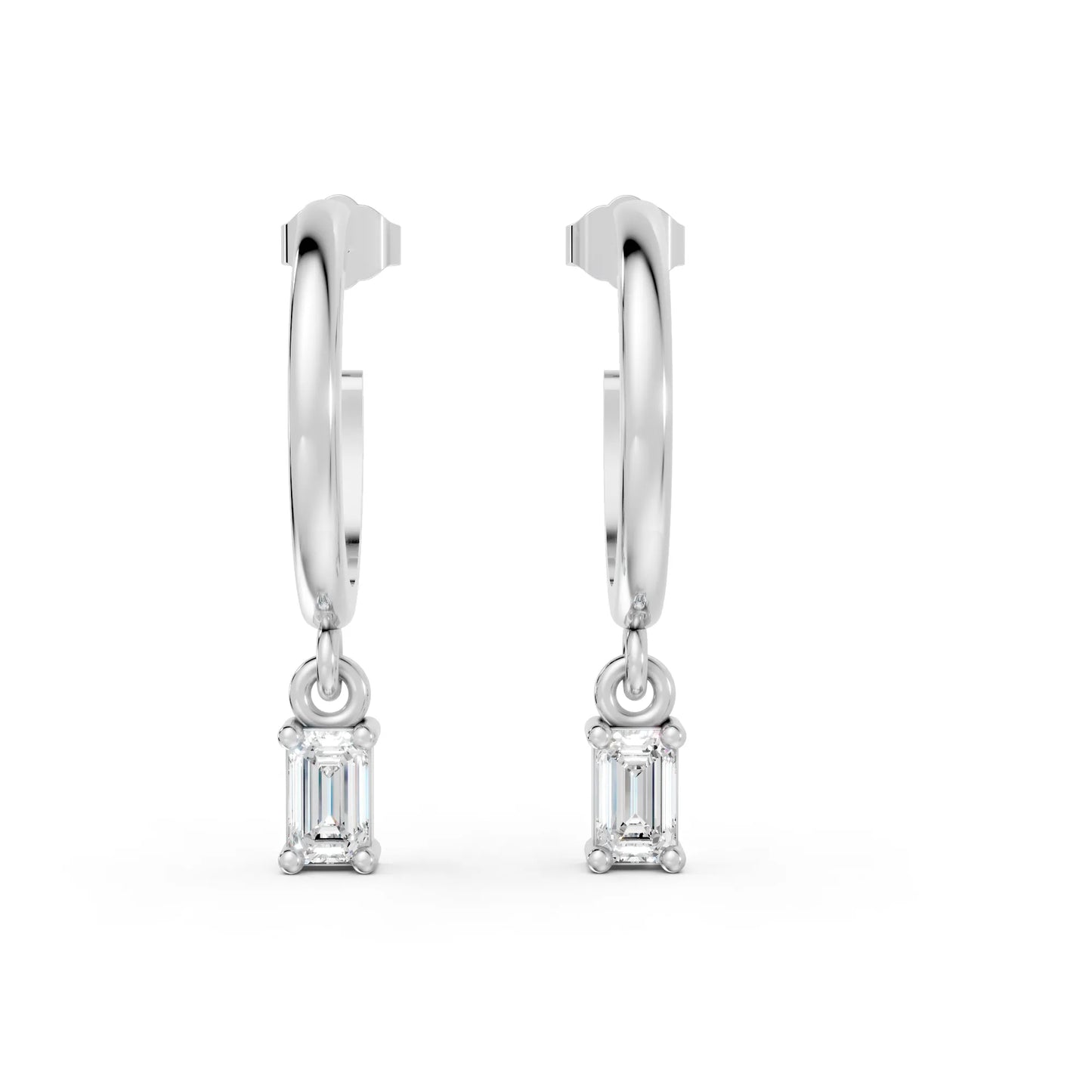 14K Gold Emerald Cut Diamond Drop Hoops Earring