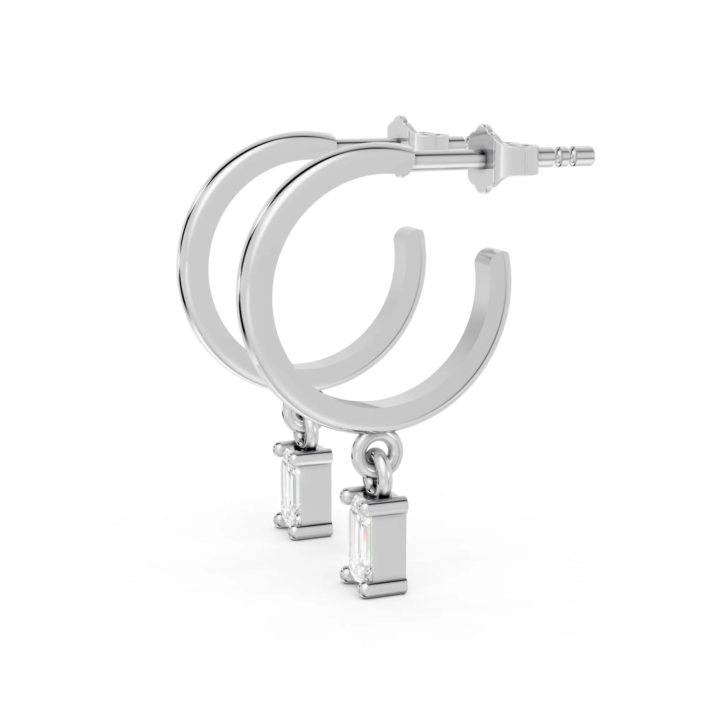 14K Gold Emerald Cut Diamond Drop Hoops Earring