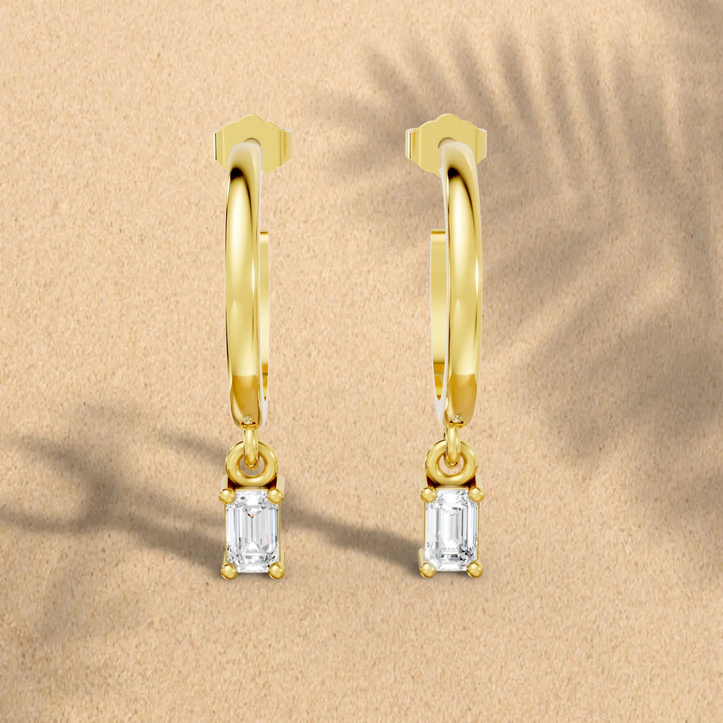14K Gold Emerald Cut Diamond Drop Hoops Earring