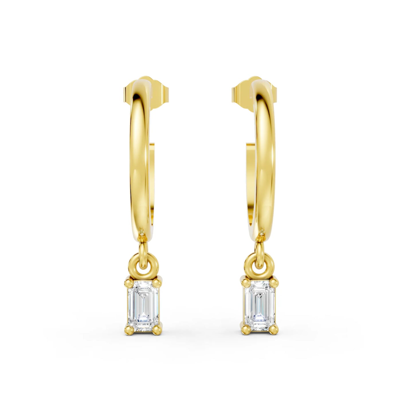 14K Gold Emerald Cut Diamond Drop Hoops Earring