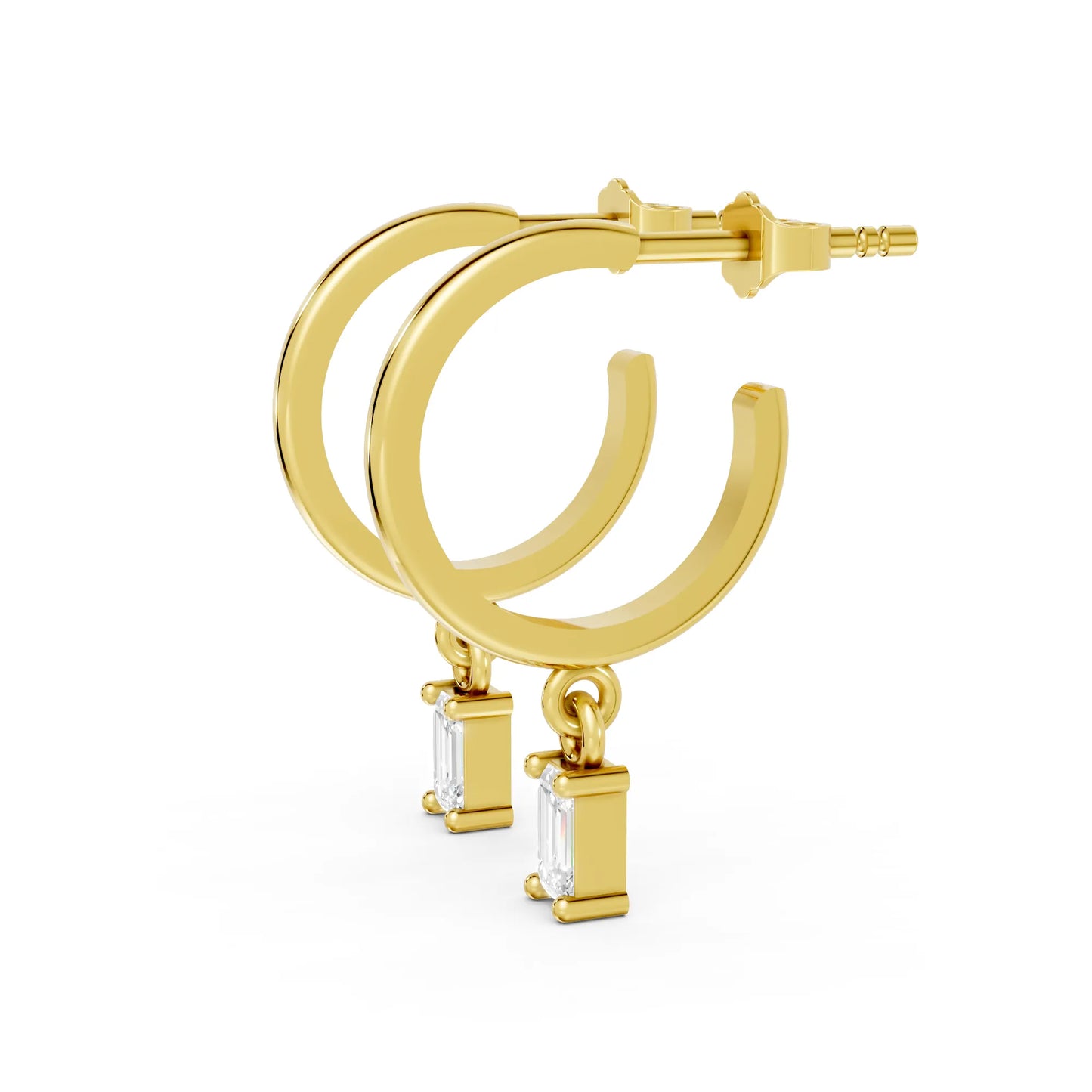 14K Gold Emerald Cut Diamond Drop Hoops Earring