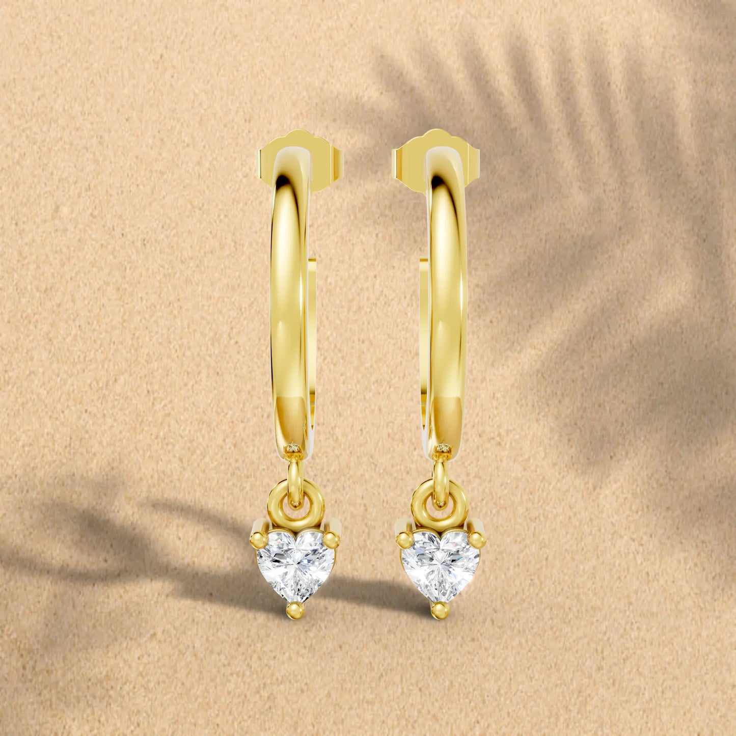 14K Gold Heart Cut Diamond Drop Hoops Earring