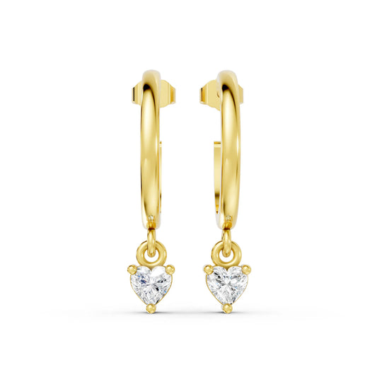 14K Gold Heart Cut Diamond Drop Hoops Earring