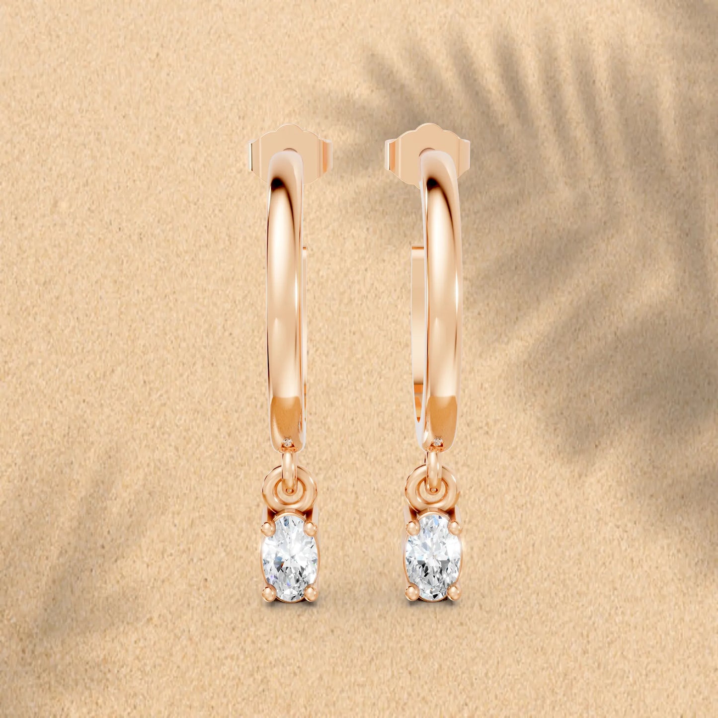 14K Gold Oval Cut Diamond Drop Hoops Earring