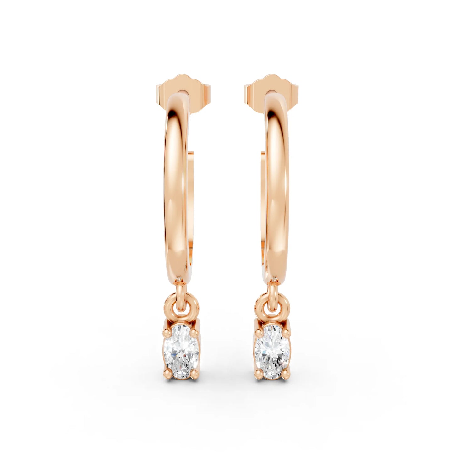 14K Gold Oval Cut Diamond Drop Hoops Earring