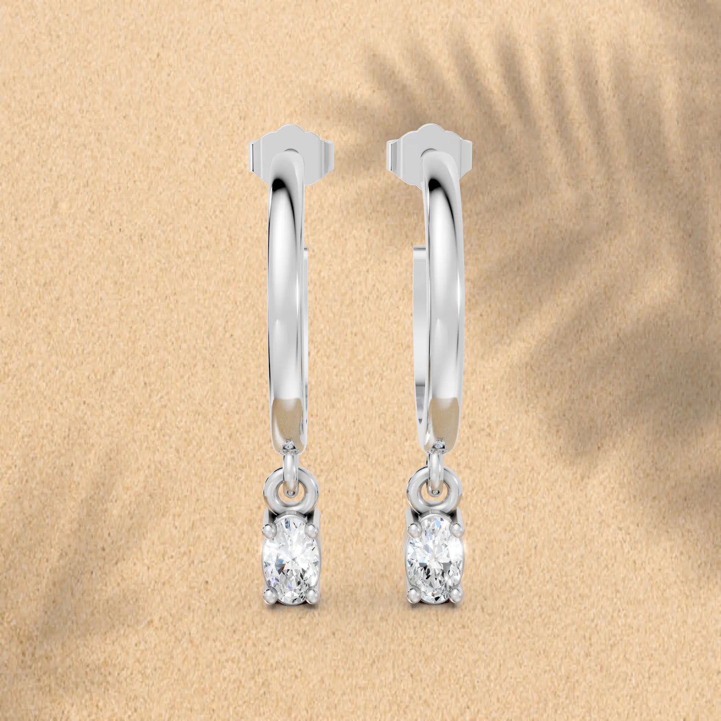 14K Gold Oval Cut Diamond Drop Hoops Earring