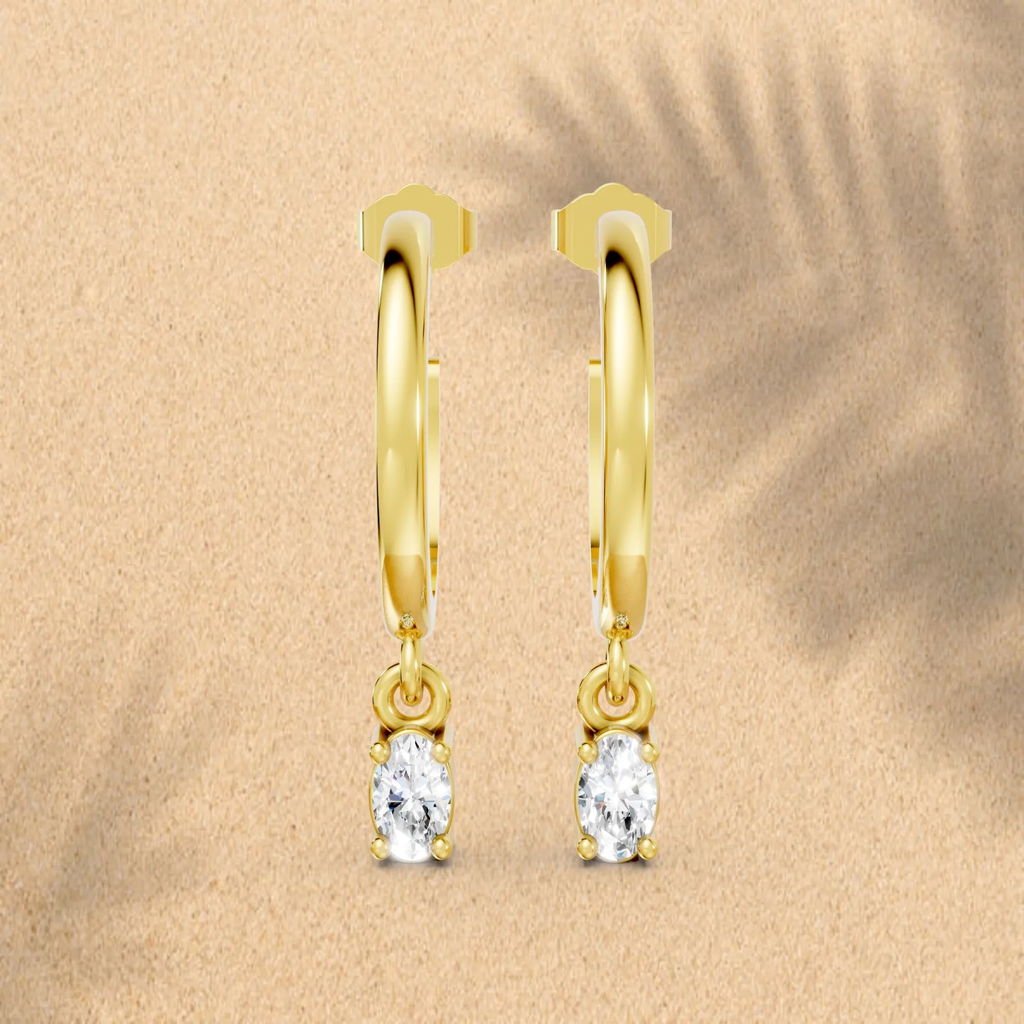 14K Gold Oval Cut Diamond Drop Hoops Earring