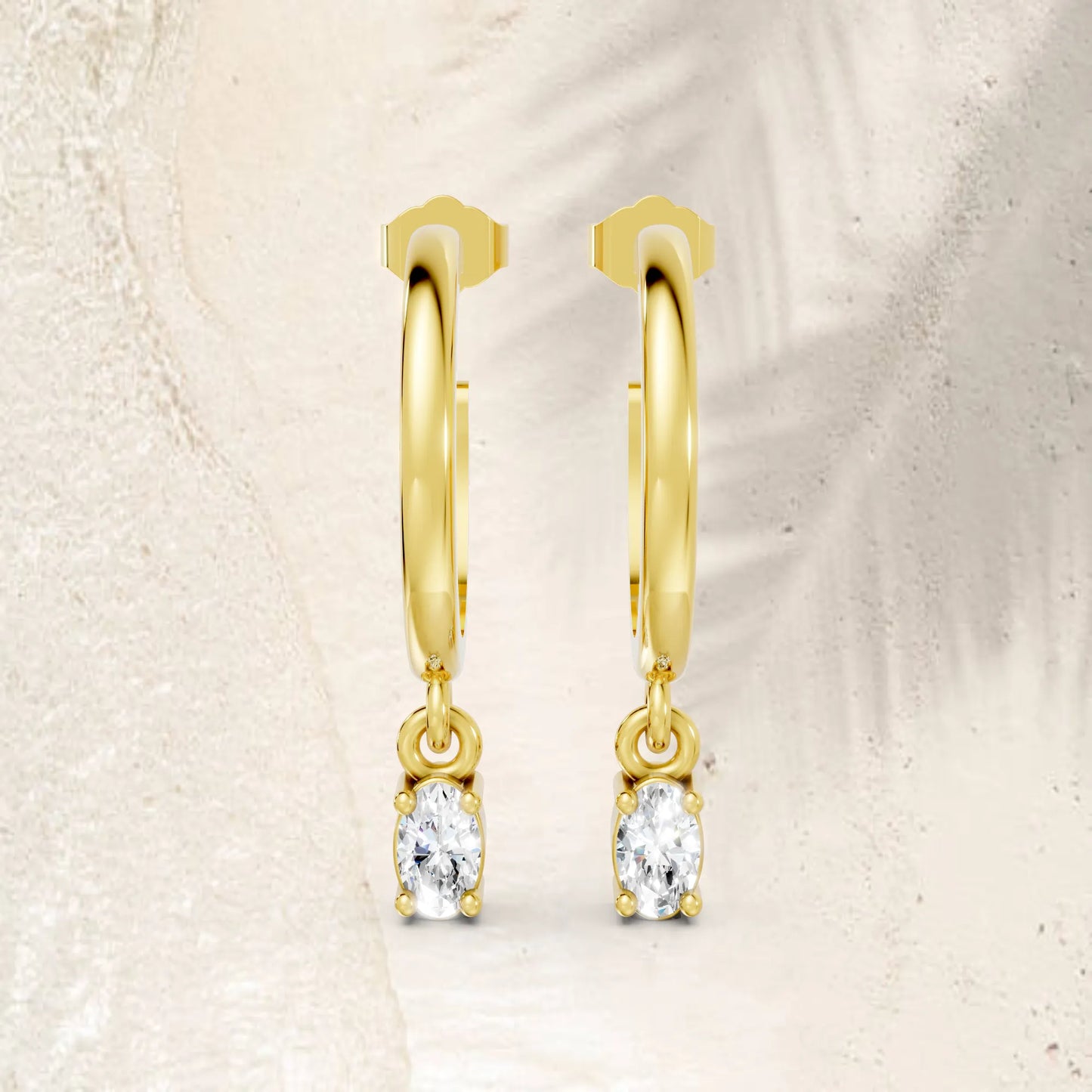 14K Gold Oval Cut Diamond Drop Hoops Earring