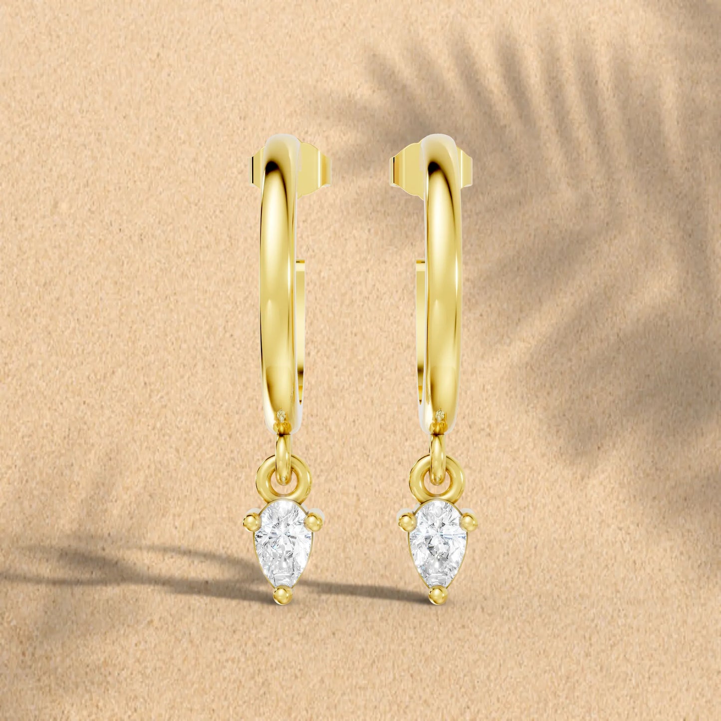 14K Gold Pear Cut Diamond Drop Hoops Earring