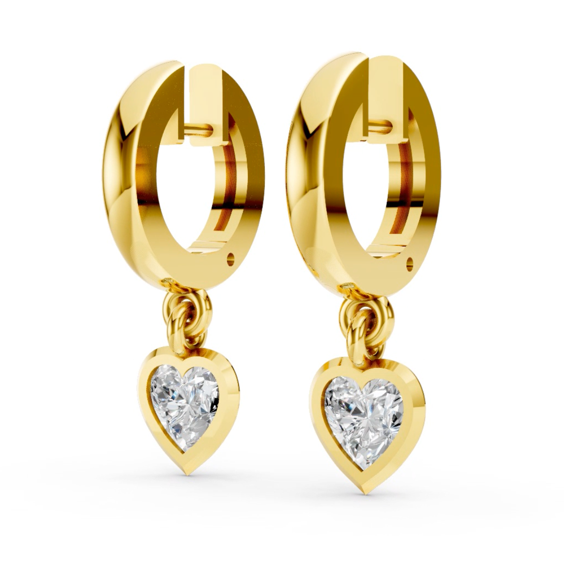 14K 0.20 cts each YellowGold Heart Cut Diamond Knife-Edge Bezel Drop Huggie Hoop Earring
