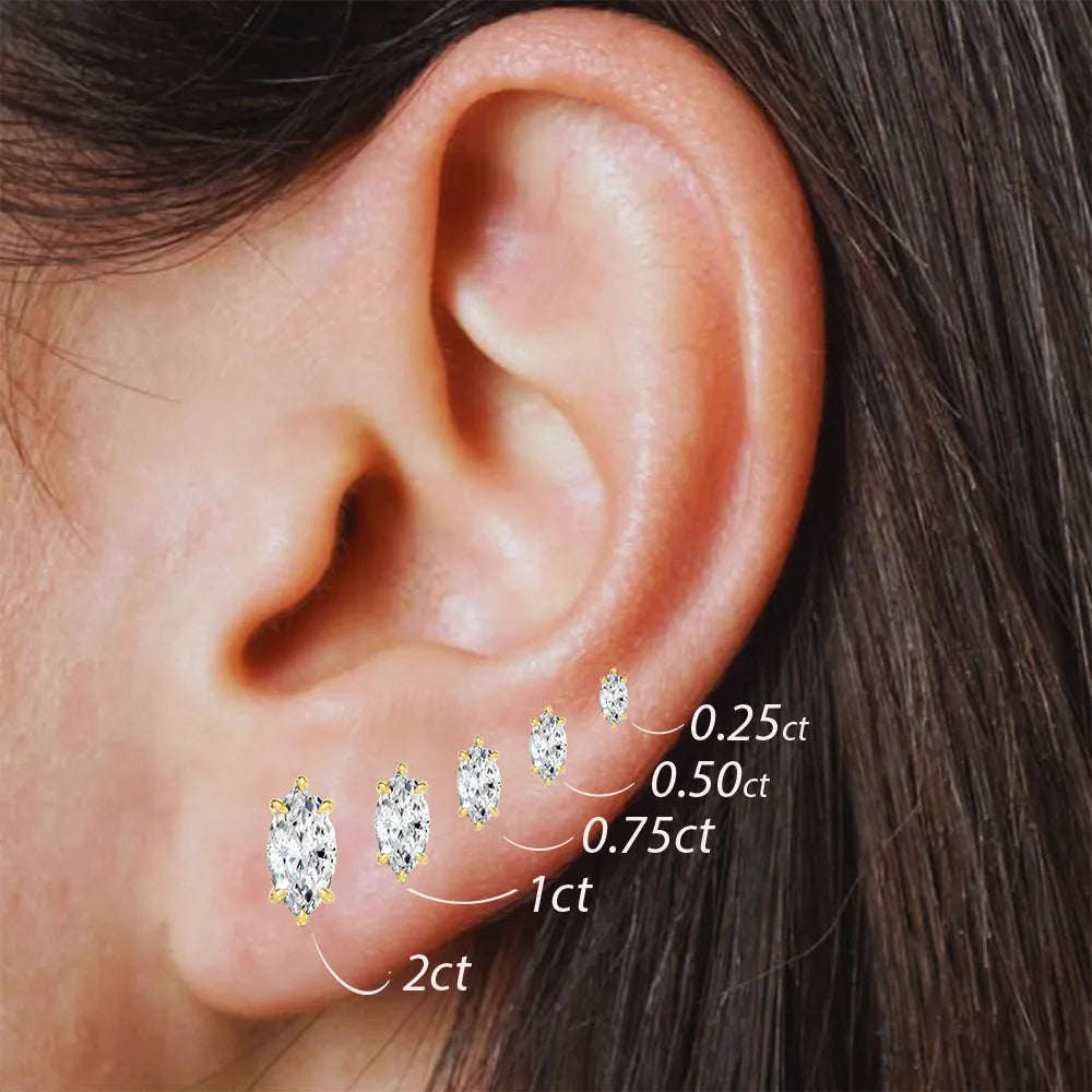 14K Gold Marquise Cut Diamond Solitaire Stud Earring